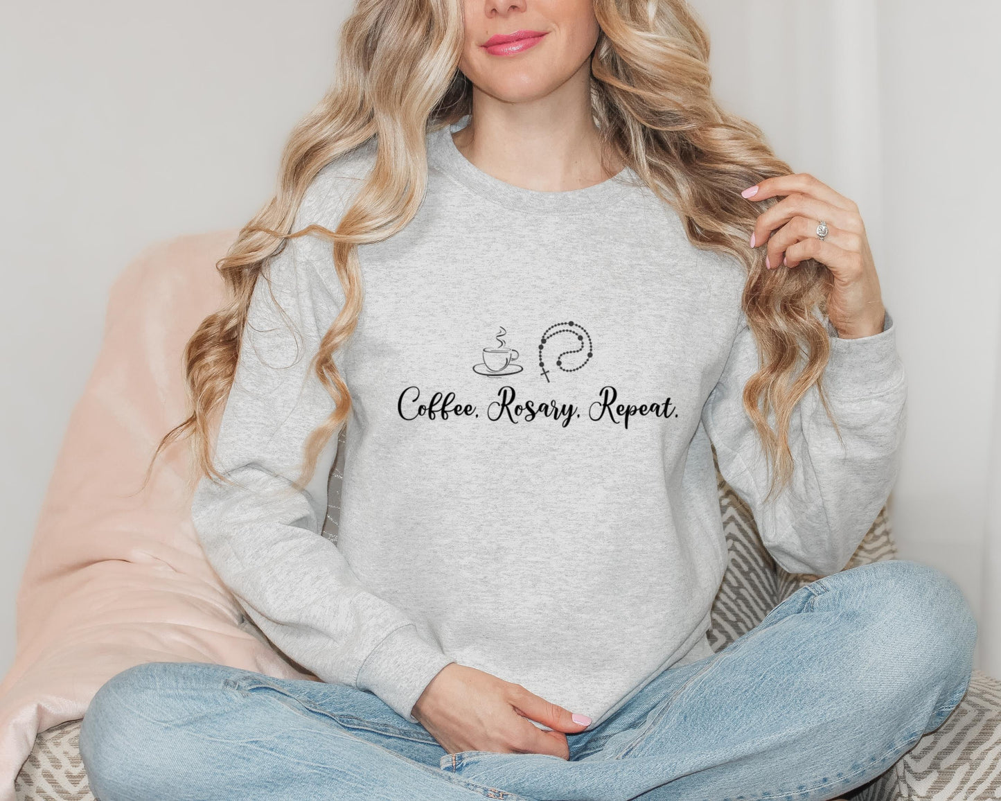 Rosary and Coffee Sweatshirt, Blessed Virgin Mary Unisex Sweatshirt, Catholic Sweatshirt, Gift for Catholic Mom, Catholic Apparel for Women