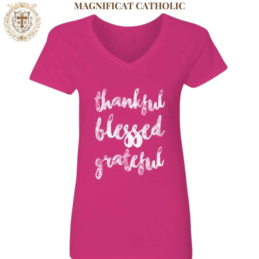 Thankful Grateful Blessed Women's Thanksgiving T-Shirt - Stylish V-Neck Tee