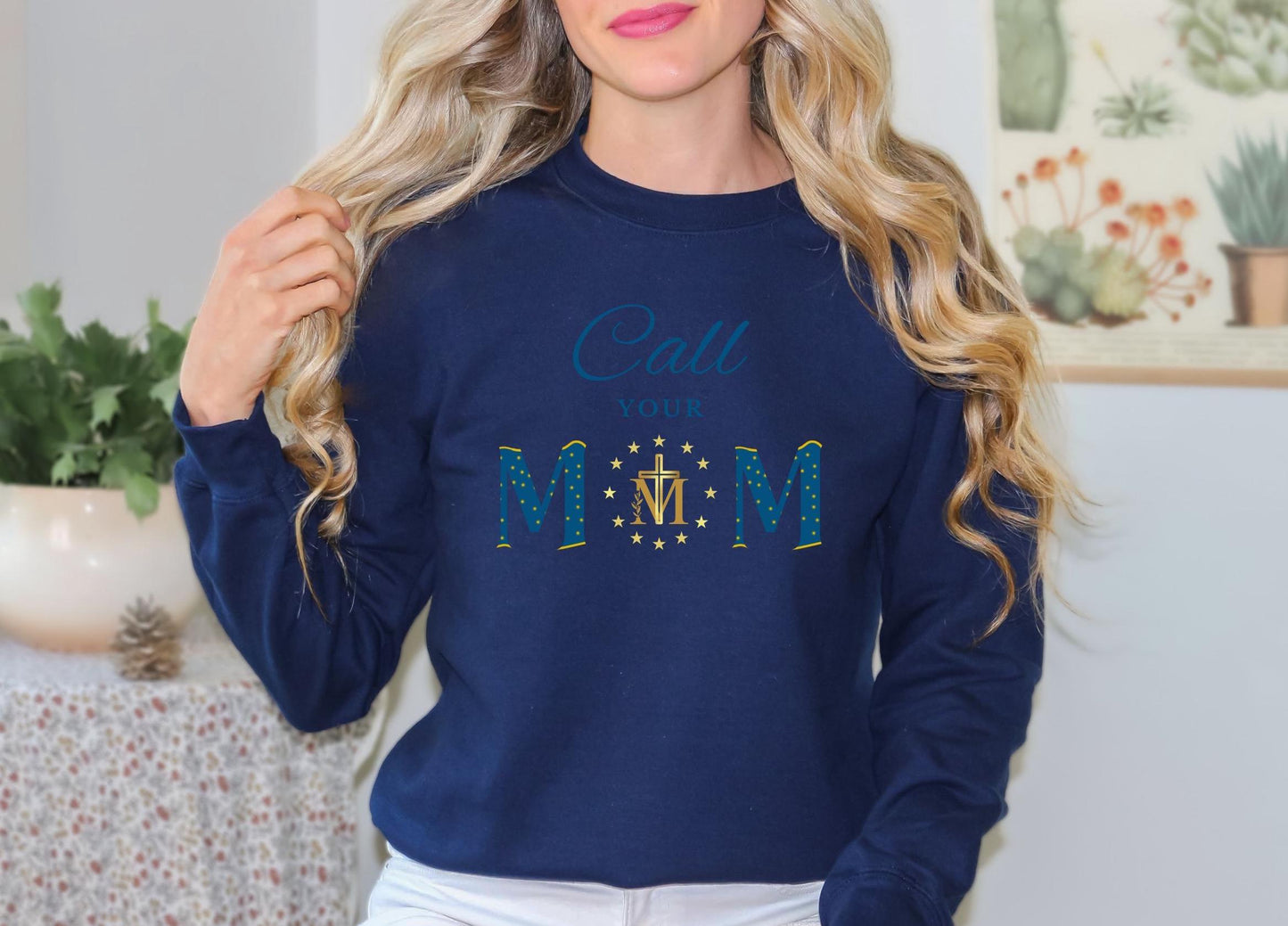 Blessed Virgin Mary Call Your Mother Sweatshirt, Unisex Catholic Top, Marian Cross Jumper, Catholic Mom Gift, Miraculous Medal Apparel