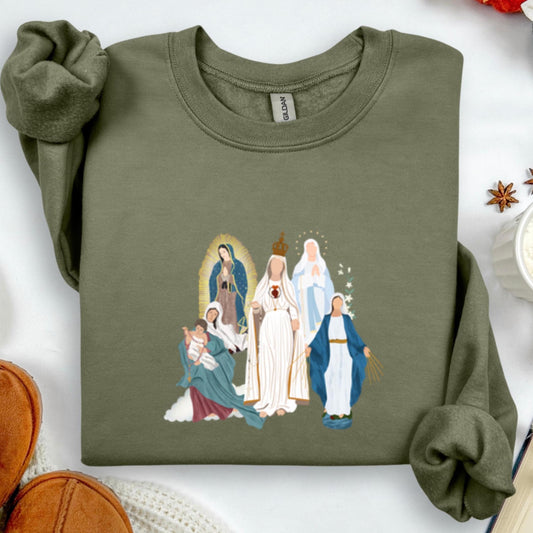 Blessed Virgin Mary Sweatshirt, Our Lady of Guadalupe Cozy Top, Our Lady of Fatima Jumper, Marian Medley Crewneck Sweatshirt